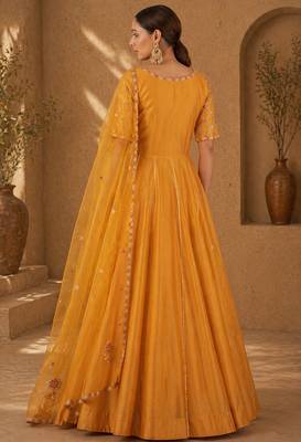 Mustard silk blend sequins work anarkali suit 2