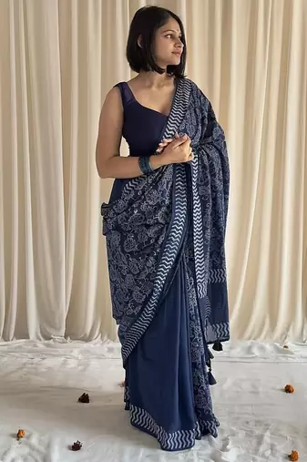 Blue half & half hand block printed mulmul cotton saree with blouse piece