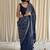 Blue half & half hand block printed mulmul cotton saree with blouse piece