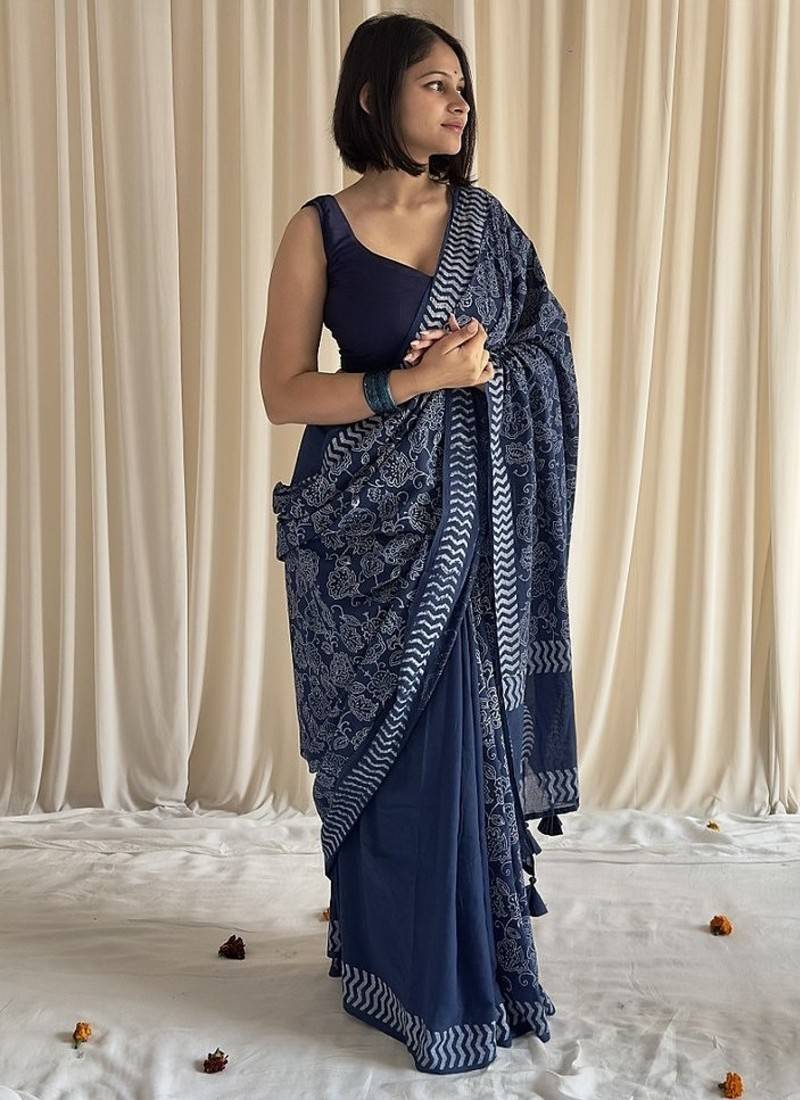 Blue half & half hand block printed mulmul cotton saree with blouse piece