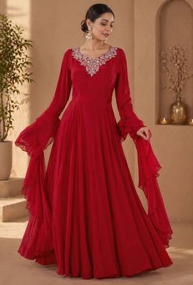 Dark red crepe hand embroidery work anarkali suit 1