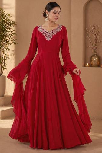 Dark red crepe hand embroidery work anarkali suit