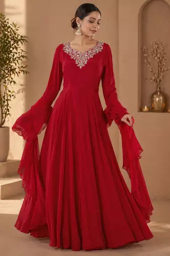 Dark red crepe hand embroidery work anarkali suit