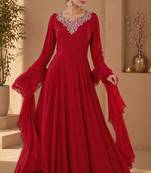 Dark red crepe hand embroidery work anarkali suit