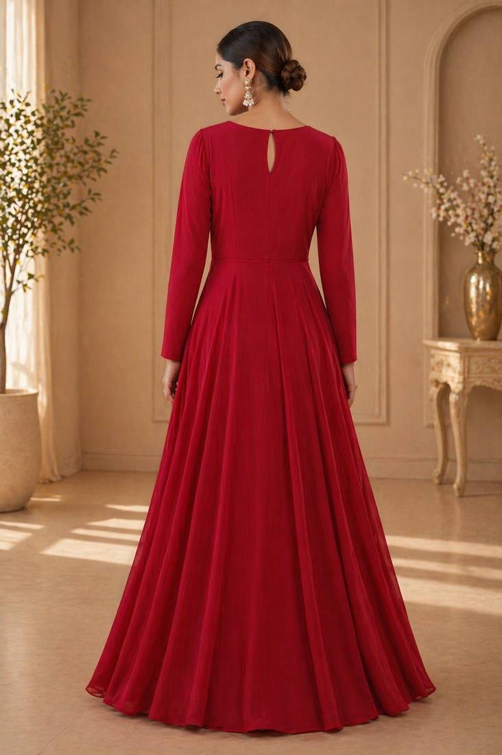 Dark red crepe hand embroidery work anarkali suit