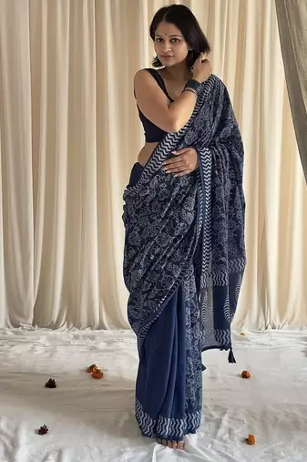 Blue half & half hand block printed mulmul cotton saree with blouse piece