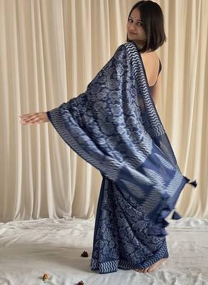 Blue half & half hand block printed mulmul cotton saree with blouse piece 4