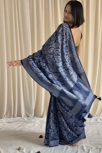 Blue half & half hand block printed mulmul cotton saree with blouse piece