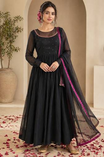 Black chanderi thread work anarkali suit