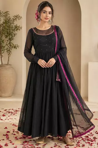 Black chanderi thread work anarkali suit