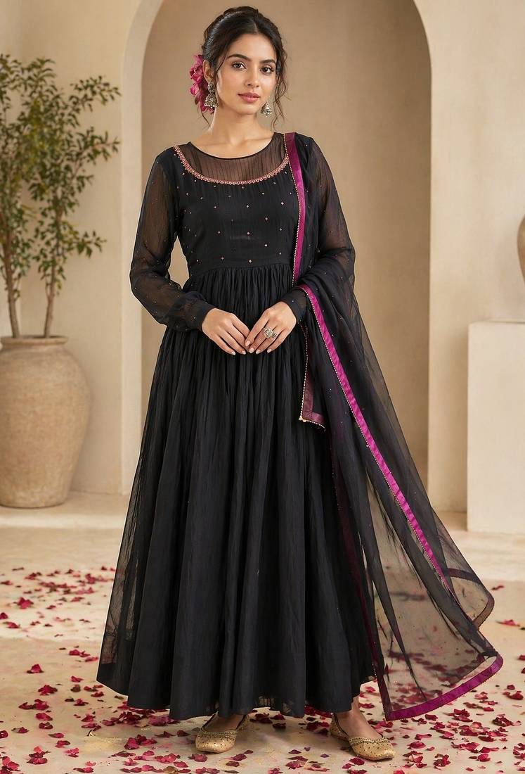 Black chanderi thread work anarkali suit