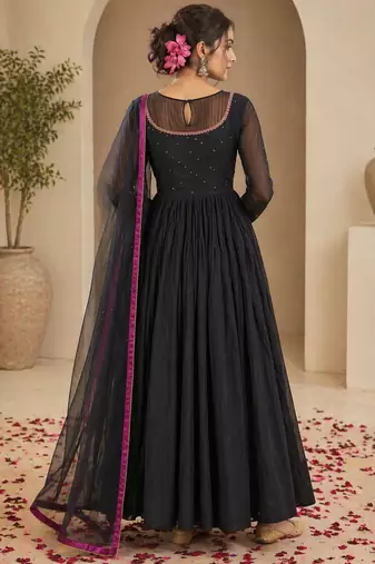 Black chanderi thread work anarkali suit