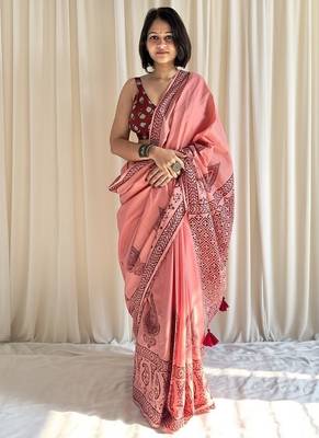 Hand block printed pink mulmul saree with blouse piece 1