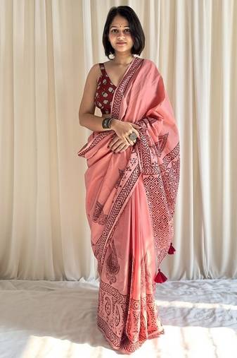 Hand block printed pink mulmul saree with blouse piece