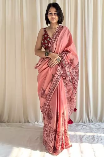 Hand block printed pink mulmul saree with blouse piece