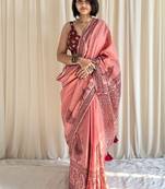 Hand block printed pink mulmul saree with blouse piece