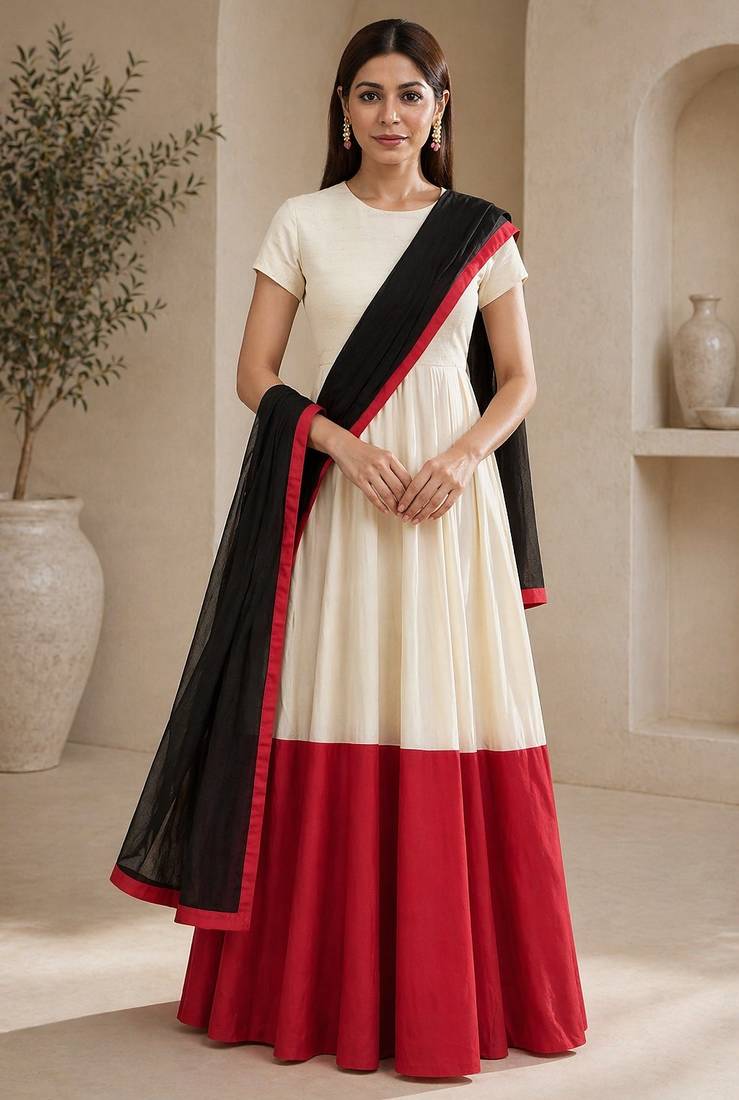 Off white silk blend lace work anarkali suit