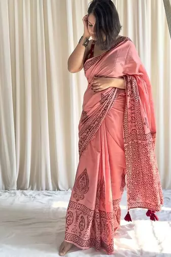 Hand block printed pink mulmul saree with blouse piece