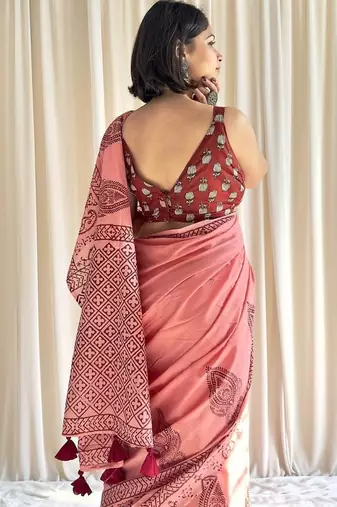 Hand block printed pink mulmul saree with blouse piece