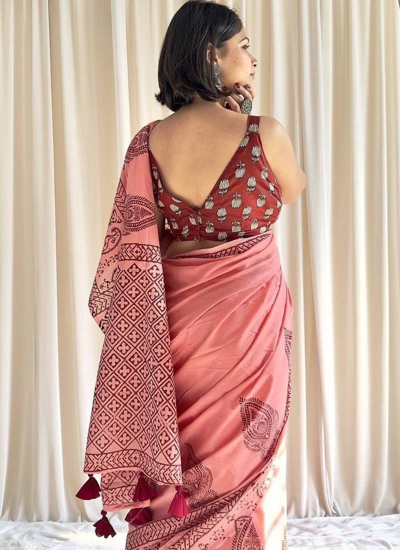Hand block printed pink mulmul saree with blouse piece