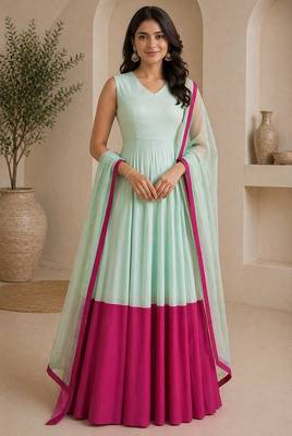 Light blue silk blend lace work anarkali suit 1
