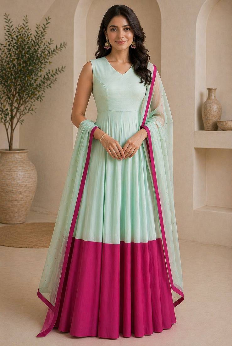 Light blue silk blend lace work anarkali suit