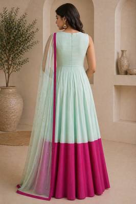 Light blue silk blend lace work anarkali suit 2