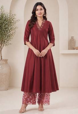 Red silk blend sequins work anarkali suit 1