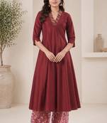 Red silk blend sequins work anarkali suit
