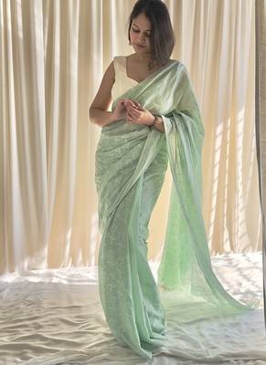 Pastel mint hand block printed mulmul cotton saree with blouse piece 1