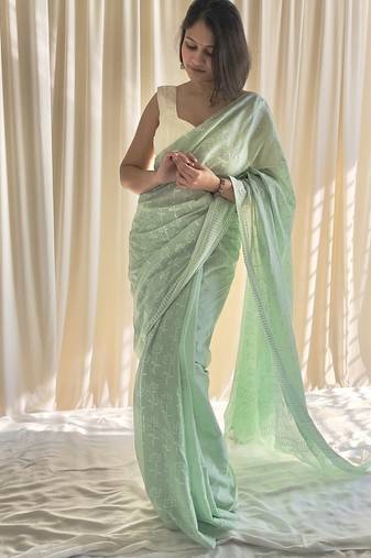 Pastel mint hand block printed mulmul cotton saree with blouse piece