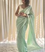 Pastel mint hand block printed mulmul cotton saree with blouse piece