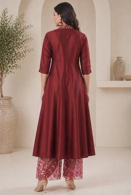 Red silk blend sequins work anarkali suit 2