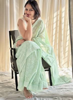 Pastel mint hand block printed mulmul cotton saree with blouse piece 2