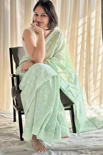 Pastel mint hand block printed mulmul cotton saree with blouse piece