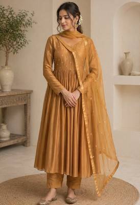 Mustard chanderi sequins work anarkali suit 1