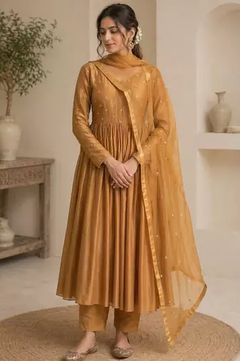 Mustard chanderi sequins work anarkali suit
