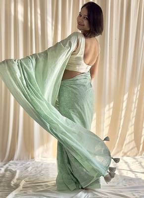Pastel mint hand block printed mulmul cotton saree with blouse piece 3