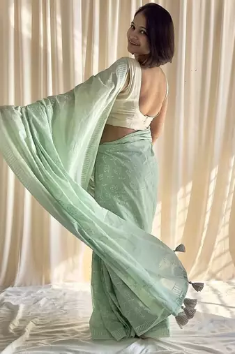 Pastel mint hand block printed mulmul cotton saree with blouse piece