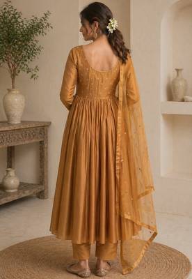 Mustard chanderi sequins work anarkali suit 2
