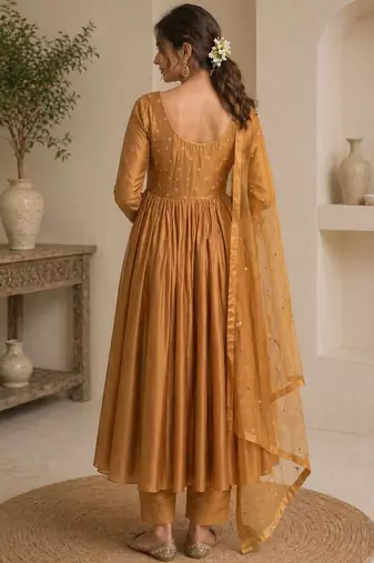 Mustard chanderi sequins work anarkali suit