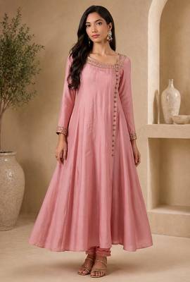 Pink silk blend sequins work anarkali suit 1