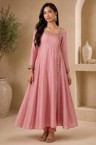 Pink silk blend sequins work anarkali suit