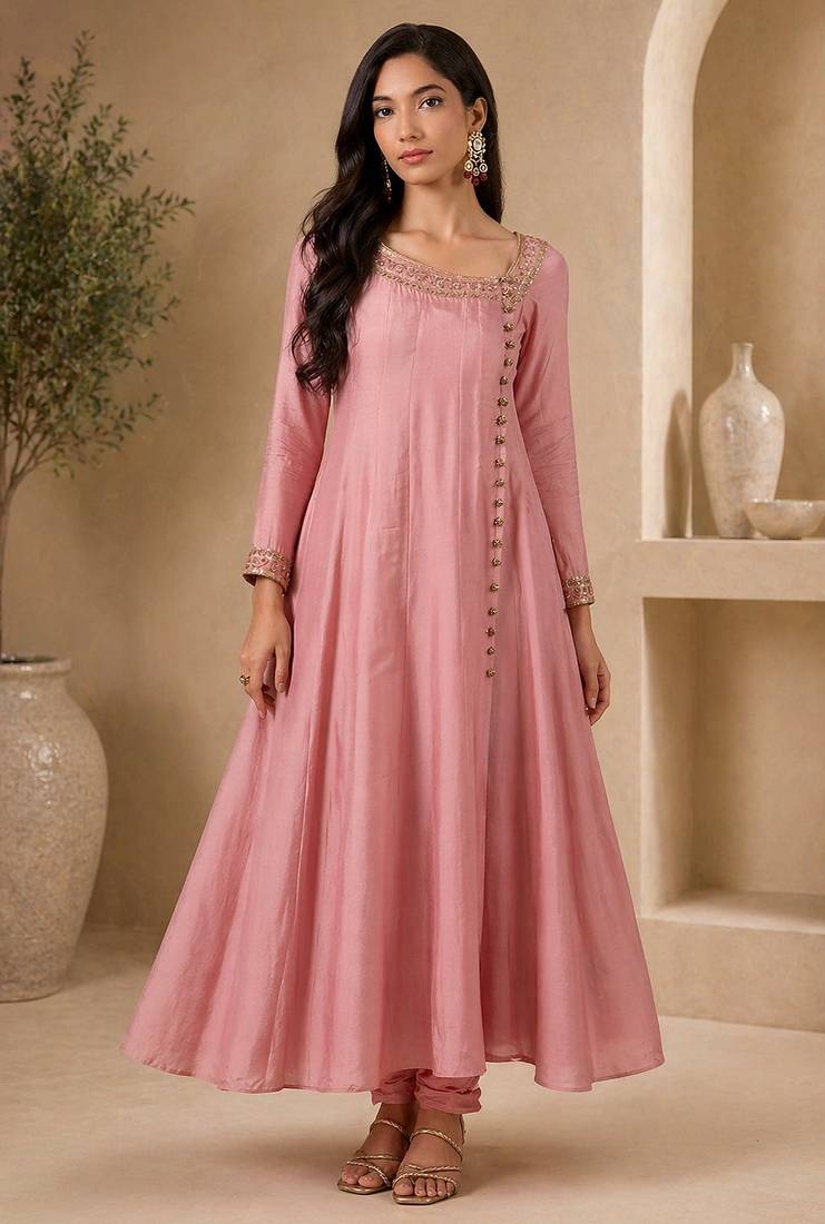 Pink silk blend sequins work anarkali suit