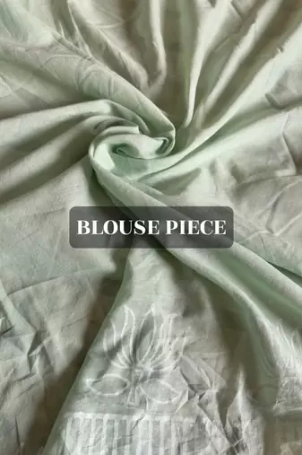 Pastel mint hand block printed mulmul cotton saree with blouse piece