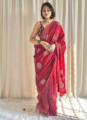 Red hand block printed mulmul cotton saree with blouse piece 1