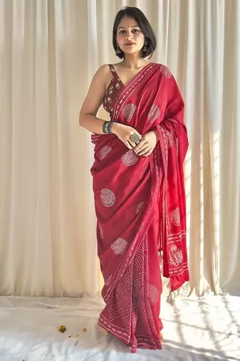 Red hand block printed mulmul cotton saree with blouse piece