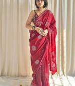 Red hand block printed mulmul cotton saree with blouse piece