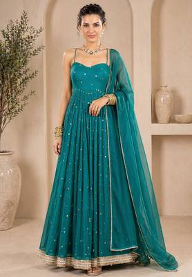 Teal georgette sequins work anarkali suit 1