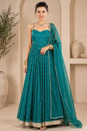 Teal georgette sequins work anarkali suit